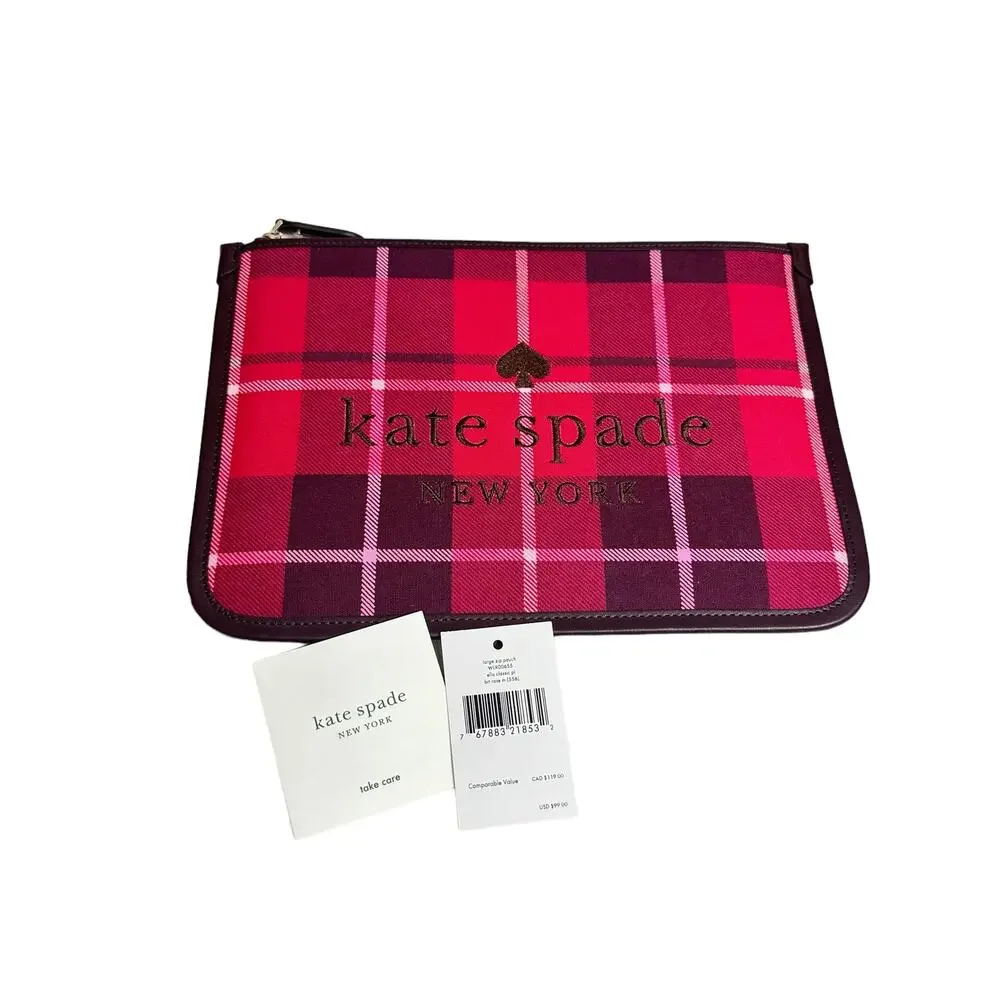 Kate Spade ella plaid large zip pouch New